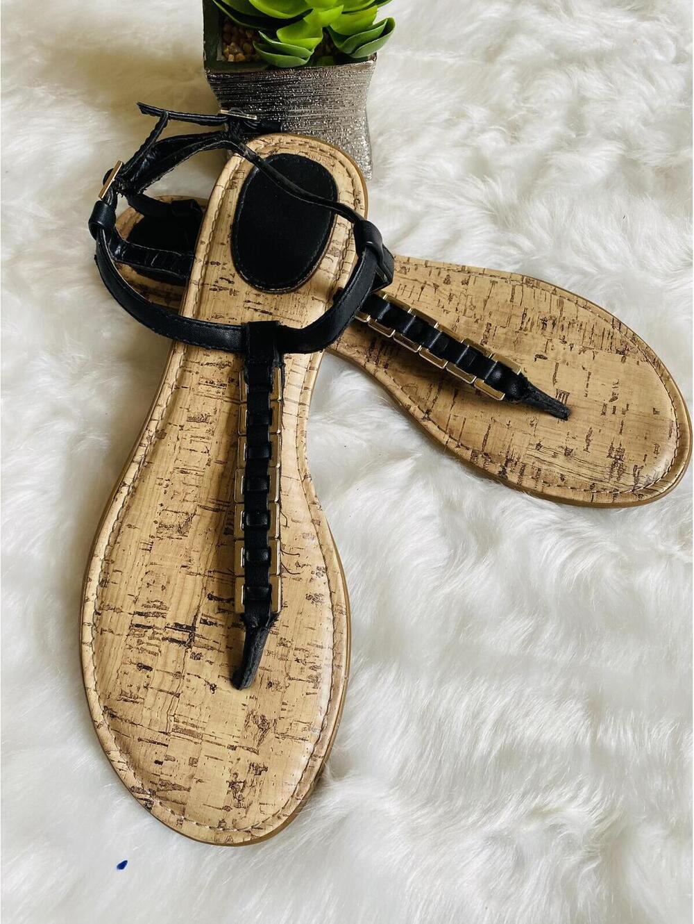 Black Strappy T-Strap Sandals with Cork Footbed Size 10